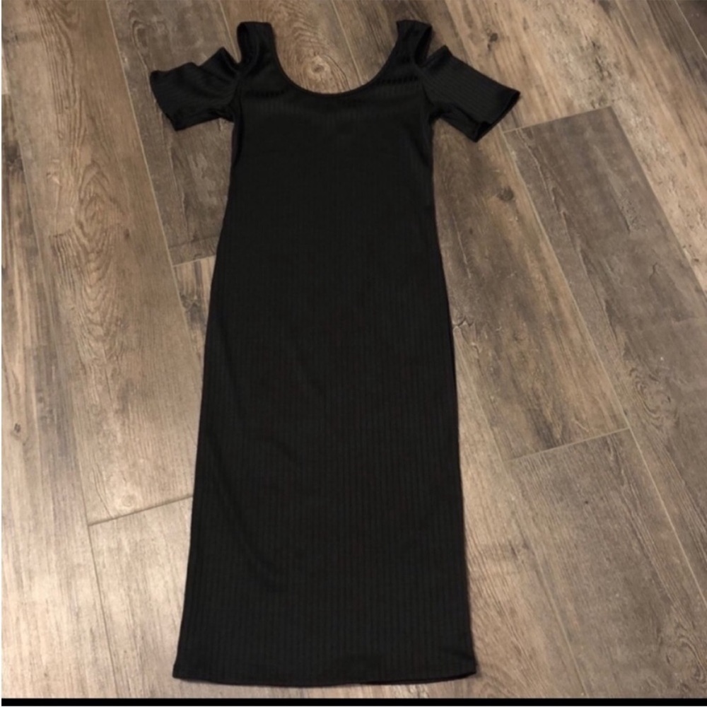 Black Ribbed Bodycon Midi Dress Cold Shoulder